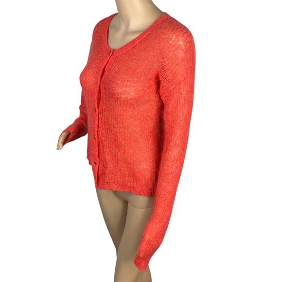 Scotch & Soda Coral Red Loose Knit Lightweight Fuzzy Mohair Cardigan SZ S/M - Picture 6 of 9